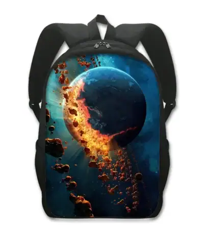 Sac à dos avec design d'une planète en explosion dans l'espace.