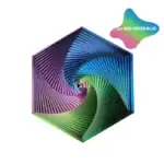 Pyramide en plastique recyclé avec motif en spirale colorée, mélange de couleurs vert, bleu, violet et rose, design géométrique moderne.
