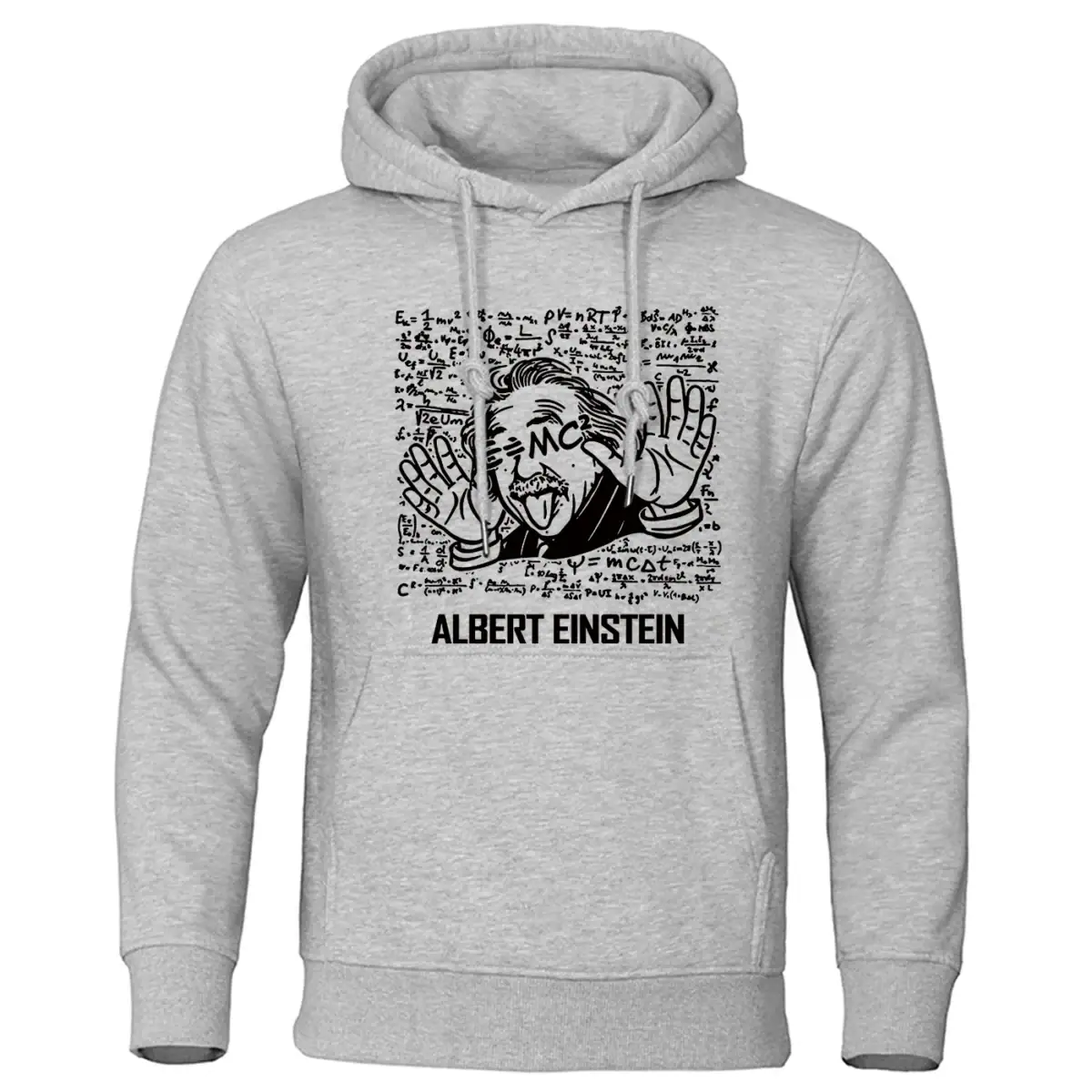 Pullover Einstein scientifique Sweat à capuche gris avec illustration humoristique d'Albert Einstein faisant un geste de paix, entouré de formules mathématiques et scientifiques.
