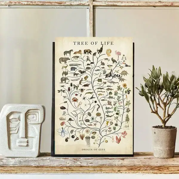 Affiche éducative illustrant l'arbre de la vie en biologie, montrant l'évolution des espèces avec détails artistiques et éducatifs.