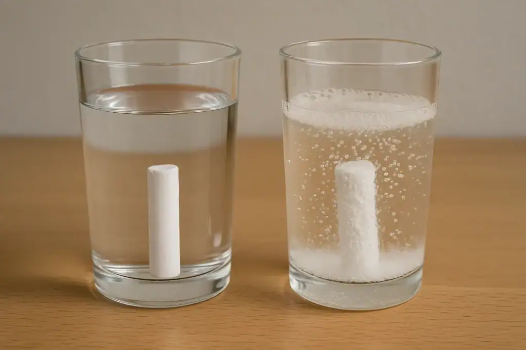 Two glasses of water, one with a white gas bubble rising and the other with a submerged gas bubble, demonstrating gas behavior in liquids.