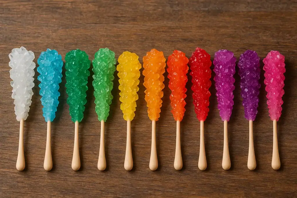 A row of ten vibrant rock candy lollipops in various colors including white, blue, green, yellow, orange, red, purple, and pink, arranged on a wooden table.