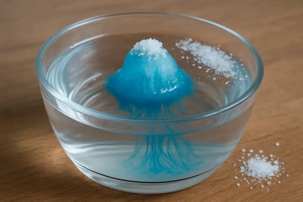 Blue volcano-shaped science toy erupting in water with white powder, demonstrating chemical reactions and fluid dynamics for educational fun.