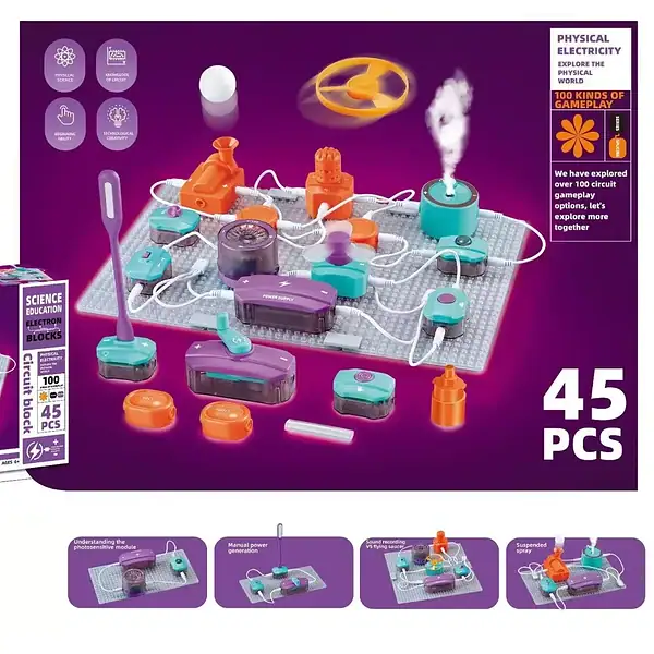 Jeu de circuit électrique éducatif pour enfants de 6 ans, comprenant 45 pièces pour apprendre l'électricité de manière ludique.