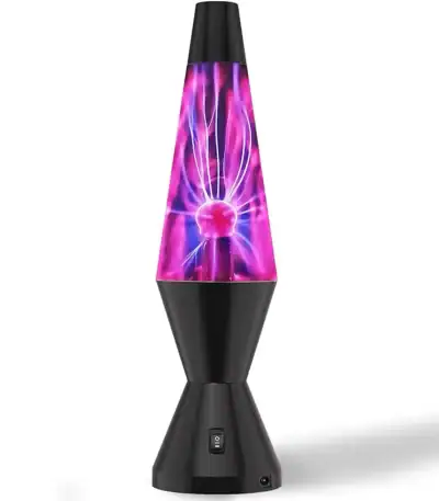 Lampe plasma en forme de fusée avec éclairs lumineux violets et roses.