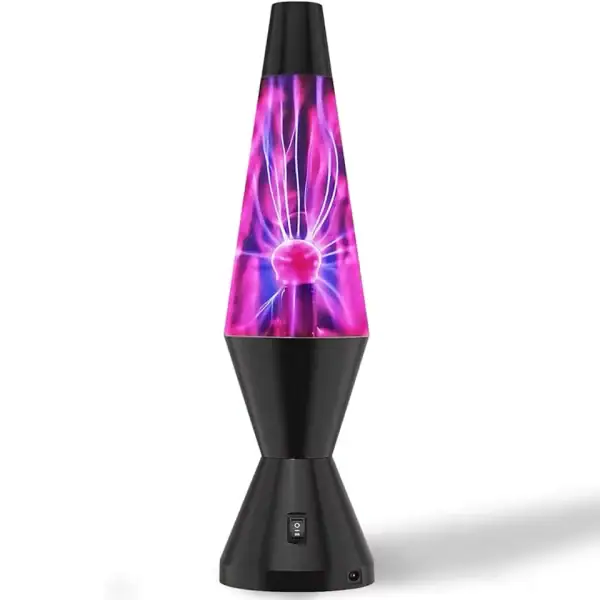 Lampe plasma en forme de fusée avec éclairs lumineux violets et roses.