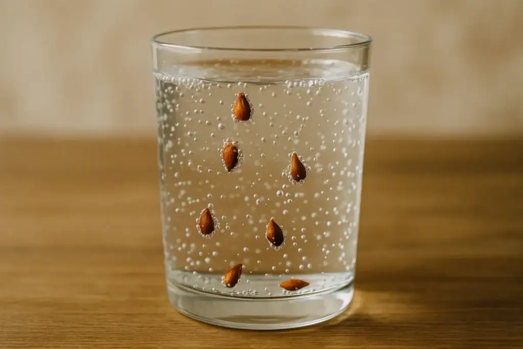 Glass of water with magnetic seeds falling, demonstrating magnetic attraction and scientific principles.