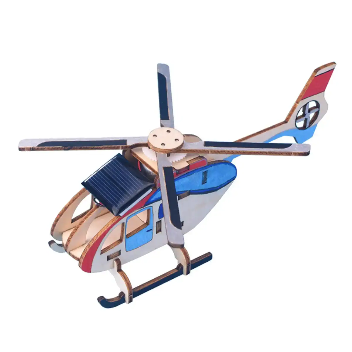 Modèle réduit d'hélicoptère en bois coloré, parfait pour la décoration ou l'apprentissage scientifique.