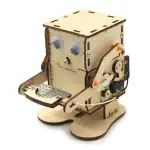 Robot en bois avec yeux en boutons, bras articulés et base stable, idéal pour l'apprentissage et la décoration scientifique.