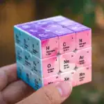 Cube éducatif avec des éléments chimiques comme Hydrogène, Carbone et Azote, utilisé pour l'apprentissage scientifique et la décoration.