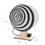 Disque en spirale noir et blanc avec support en bois, parfait pour décoration scientifique ou éducative. Dimensions : 18cm de haut, 10cm de large, 7.5cm de profondeur.