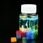 Bouteille de gel luminescent avec cubes colorés, idéale pour la décoration scientifique et éducative, apportant une touche de lumière et de couleur à votre espace.