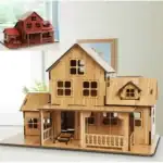 Maison miniature en bois avec plusieurs niveaux et fenêtres, idéale pour décoration intérieure ou collection d'objets scientifiques.