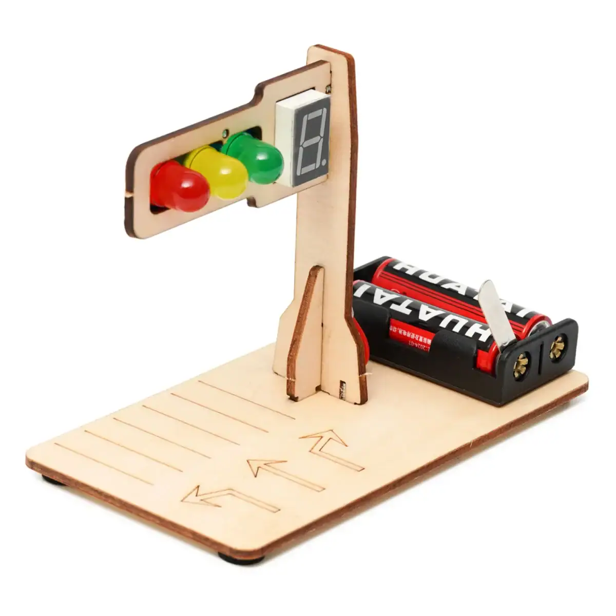 Panneau de signalisation éducatif en bois avec feux de circulation et compteur numérique, idéal pour l'apprentissage de la sécurité routière pour enfants.