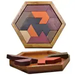 Jeu de puzzle en bois géométrique hexagonal avec pièces colorées, parfait pour la décoration et la stimulation mentale.