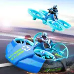 Image d'une fusée de course futuriste avec deux pilotes en combinaison high-tech, volant à grande vitesse sur une piste, avec un design innovant et des lumières LED bleues.