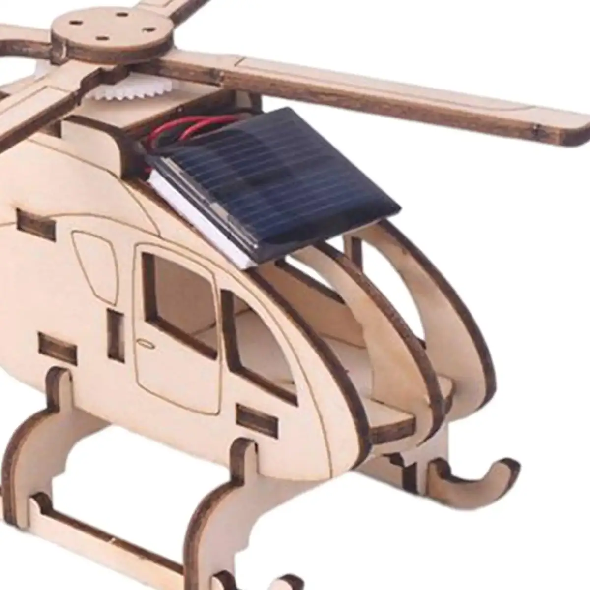 Modèle réduit d'hélicoptère en bois avec panneau solaire, parfait pour projets éducatifs et décoration scientifique.