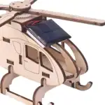 Modèle réduit d'hélicoptère en bois avec panneau solaire, parfait pour projets éducatifs et décoration scientifique.