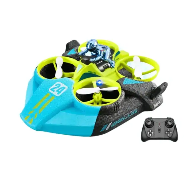 Drone de course compact avec contrôleur et figurine d'astronaute, parfait pour les amateurs de technologie et de science-fiction. Design coloré et fonctionnalités avancées pour des vols dynamiques.