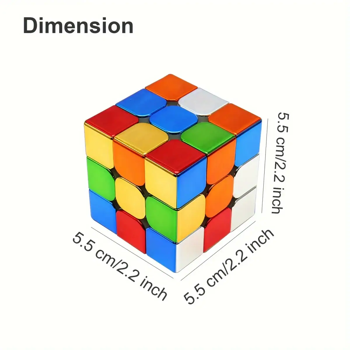 Rubik's cube coloré avec dimensions en cm et pouces.