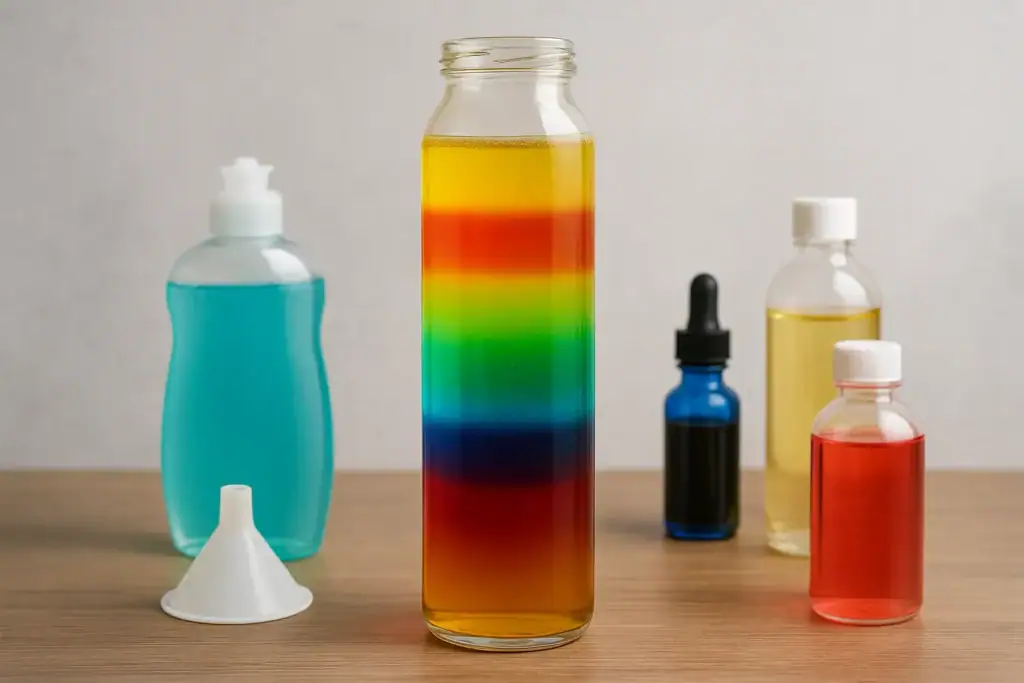 Colorful liquid layers in a glass jar with various science bottles and tools on a wooden surface.