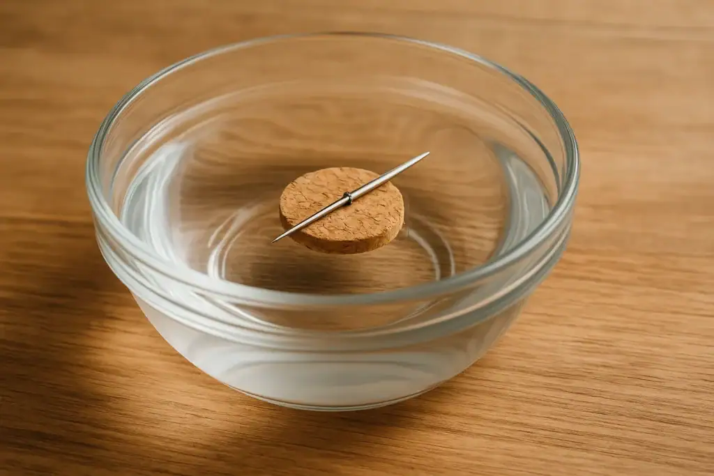 Close-up of a small magnet floating on water in a glass bowl, demonstrating magnetic levitation.