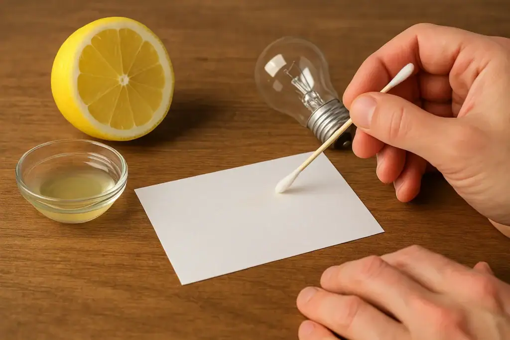 Hand holding a cotton swab touching a light bulb with a lemon, small bowl of lemon juice, and a blank card on a wooden surface, demonstrating a simple lemon battery experiment.