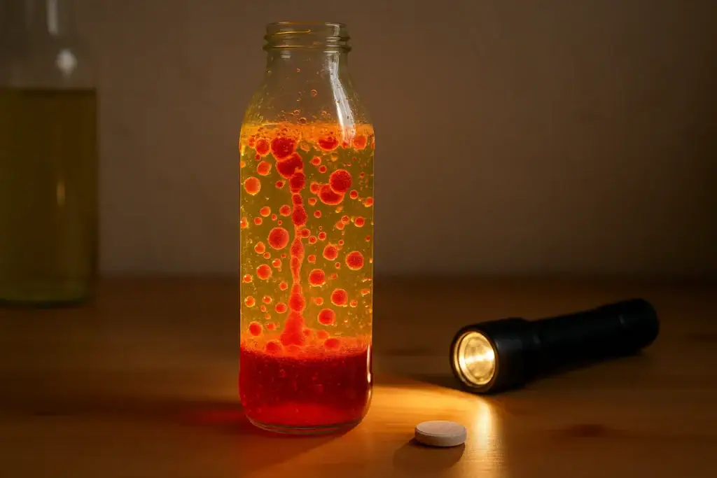 Colorful chemical reaction in a glass bottle with a flashlight and tablet on a wooden surface.