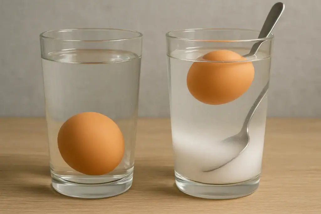 Two eggs submerged in glasses of water, demonstrating buoyancy and density principles in a science experiment.