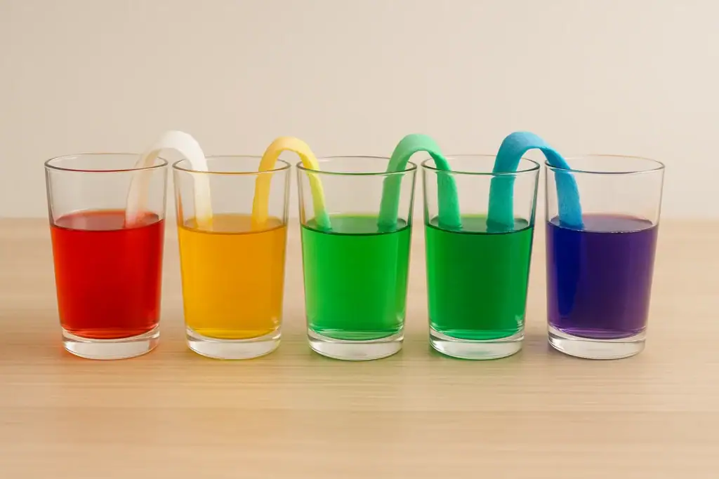 Vibrant rainbow-colored liquids in glasses with pipettes for educational science demonstrations.