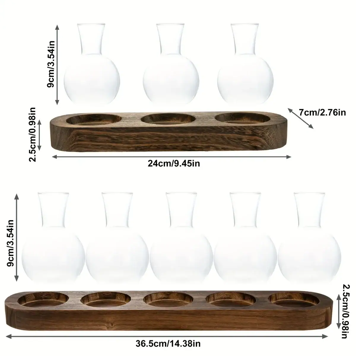 Balustre en verre avec plateau en bois pour présentation d'échantillons.