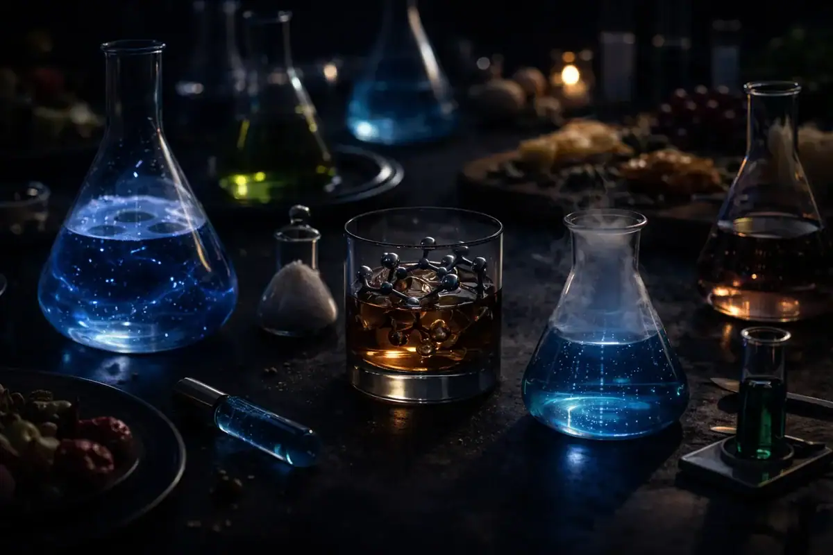 Vials et fioles de laboratoire contenant des liquides colorés, éclairés dans une ambiance sombre, évoquant la science et la recherche.