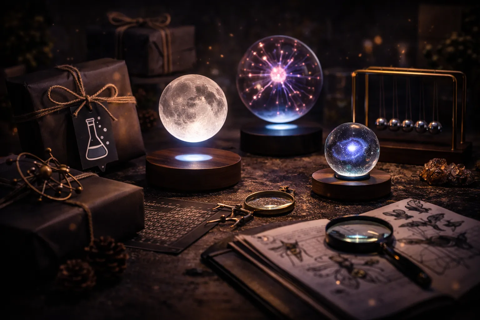 Une décoration scientifique innovante avec des modèles de planètes, la lune et des expériences de physique. Parfait pour les amateurs de science et de décoration originale.