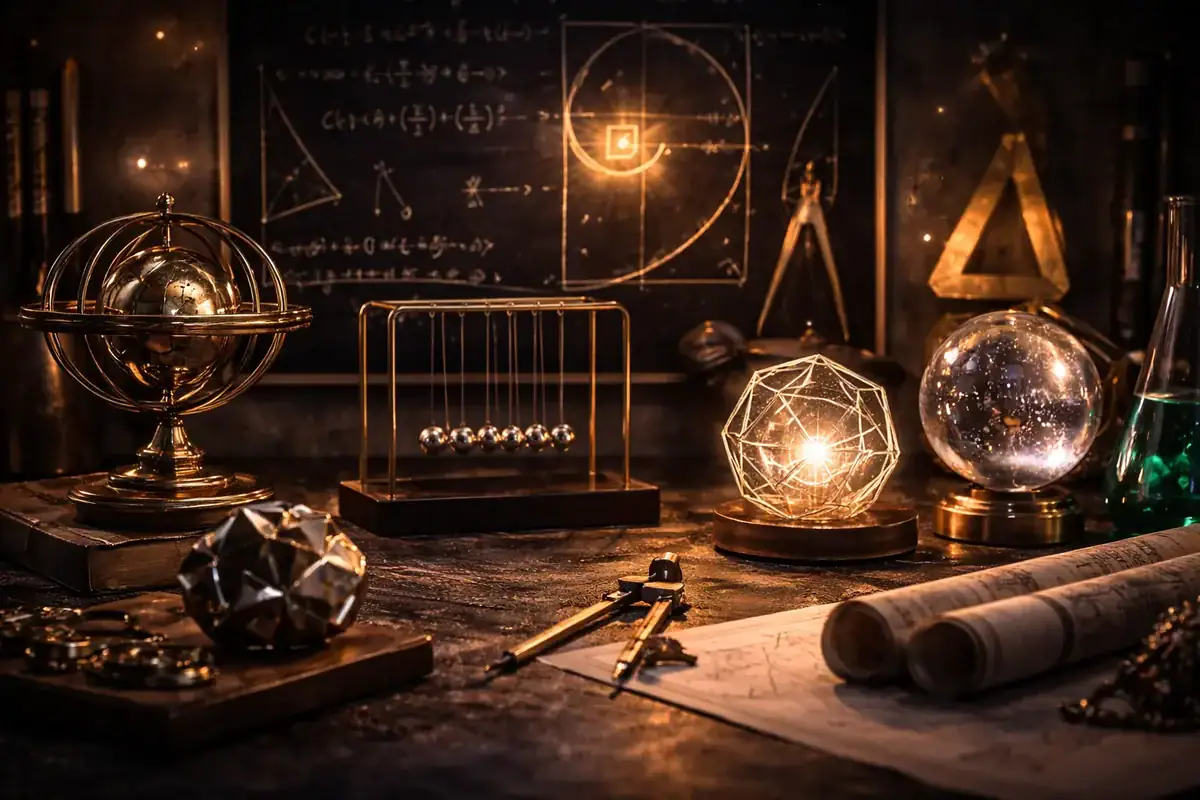 Collection d'objets scientifiques et d'instruments de laboratoire sur un bureau en bois, avec des éléments comme globe, sphère géométrique, éprouvettes, et notes de recherche, dans un décor d'étude.