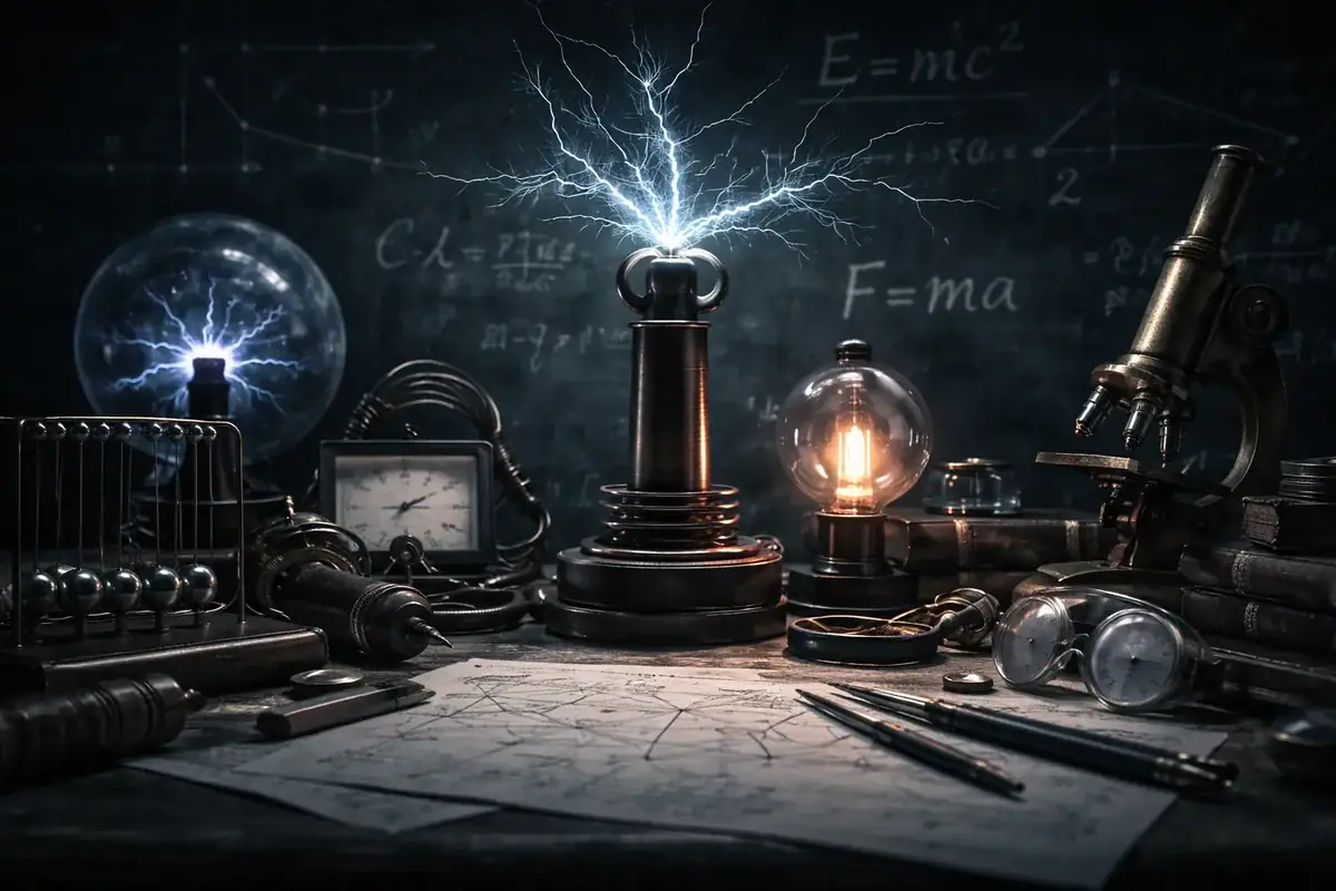 Puce de recherche scientifique avec générateur de décharges électriques, appareils de mesure, microscopes et instruments de laboratoire.