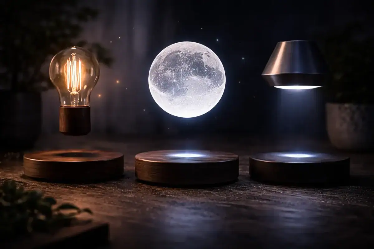 Lampe à filament, lune holographique et lampe de bureau moderne.