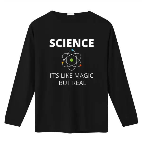 T-shirt noir avec motif atomique et texte "Science, c'est comme la magie mais en vrai" pour les amateurs de science et de décoration geek.