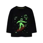 Sweat-shirt noir avec illustration d'un enfant en combinaison spatiale sur une planche de surf dans l'espace, entouré de planètes, étoiles et météores.