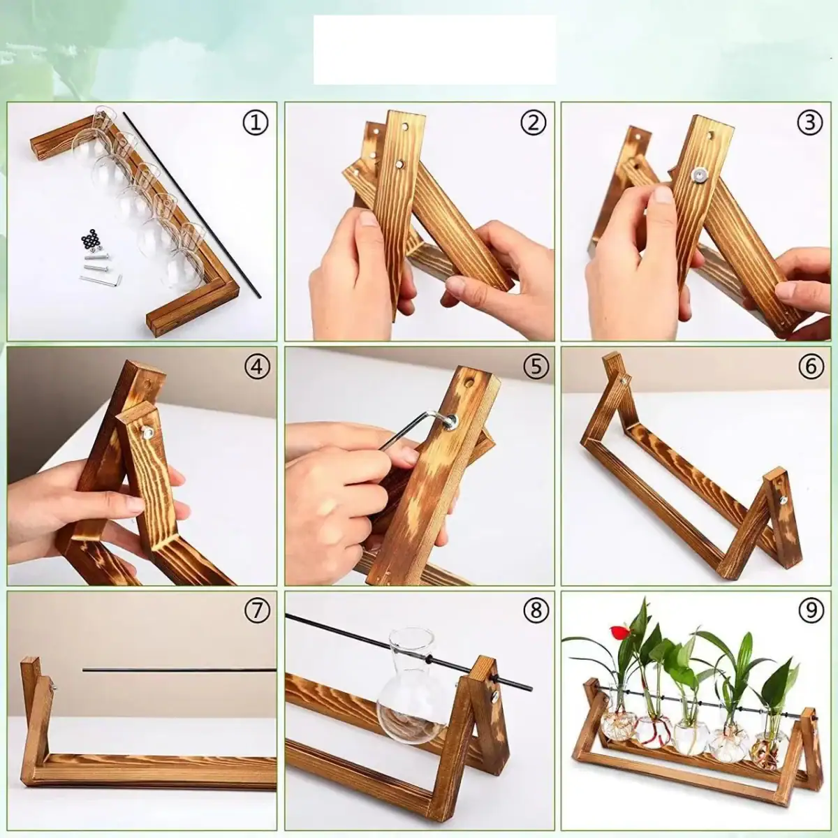 Support de laboratoire en bois pour expériences scientifiques, idéal pour la manipulation de tubes à essai et autres équipements de laboratoire.