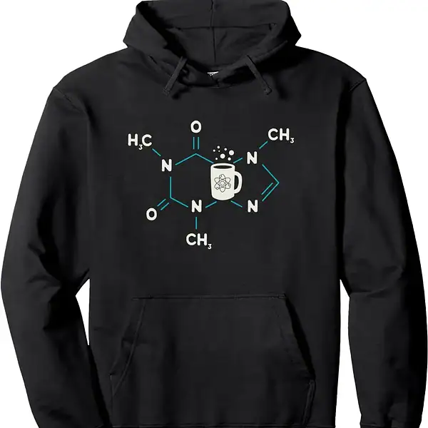 Sweat à capuche noir avec design moléculaire et tasse de café, parfait pour les amateurs de science et de chimie, alliant style et passion scientifique.