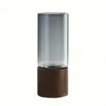 Vase en verre transparent avec socle en bois foncé, décoration moderne et élégante pour la maison ou le bureau.