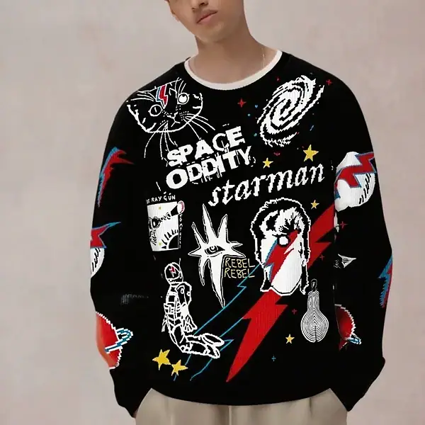 Un jeune garçon portant un pull à motifs d'espace, de planètes, d'astronautes et de thèmes cosmiques, illustrant la mode inspirée de la science et de l'univers.