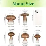 Ensemble de verrerie scientifique en forme de champignon avec différentes tailles, comprenant des flacons en verre avec bouchons en forme de champignon, idéal pour la décoration ou la science.
