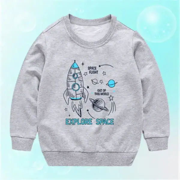 Sweat-shirt gris pour enfants avec illustration de fusée et planètes, idéal pour les amateurs d'espace et de science.