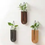 Trois vases en bois suspendus avec des plantes vertes, décoration moderne et naturelle pour intérieur.