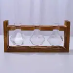 Bouteilles de laboratoire en verre avec support en bois pour expériences scientifiques ou décoration. Parfaites pour un usage éducatif ou décoratif dans un style industriel ou scientifique.