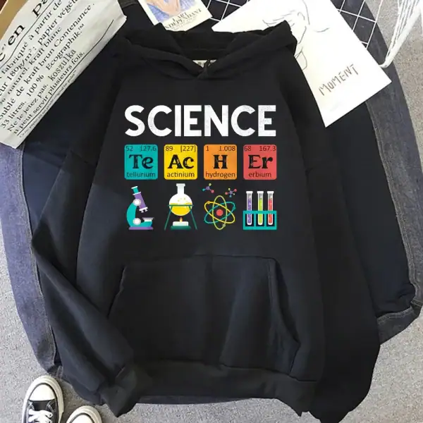 Vêtement à capuche avec motifs scientifiques colorés et éducatifs.