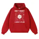 Pull à capuche rouge avec graphique scientifique et texte humoristique.