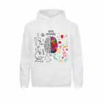 Veste à capuche blanche avec illustration du cerveau, combinant éléments scientifiques et artistiques, idéale pour les passionnés de sciences et d'art.