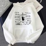 Sweat à capuche blanc avec illustrations de formules mathématiques et un chat noir au centre, parfait pour les amateurs de sciences et de mathématiques.